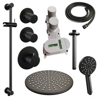 Brauer Brauer Black Carving Regendoucheset: Thermostatische Inbouwkraan met Stopkranen, Plafondarm, Douchekop 30cm, Glijstang met Wateruitlaat, 3-Standen Handdouche & Doucheslang - Set 24 - Geribbeld Draaiknoppen - Mat Zwart