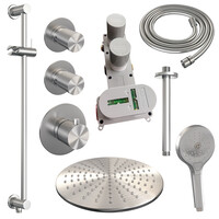 Brauer Brauer Brushed Carving Regendoucheset: Thermostatische Inbouwkraan met Stopkranen, Plafondarm, Douchekop 30cm, Glijstang met Wateruitlaat, 3-Standen Handdouche & Doucheslang - Set 24 - Geribbeld Draaiknoppen - PVD - Geborsteld RVS