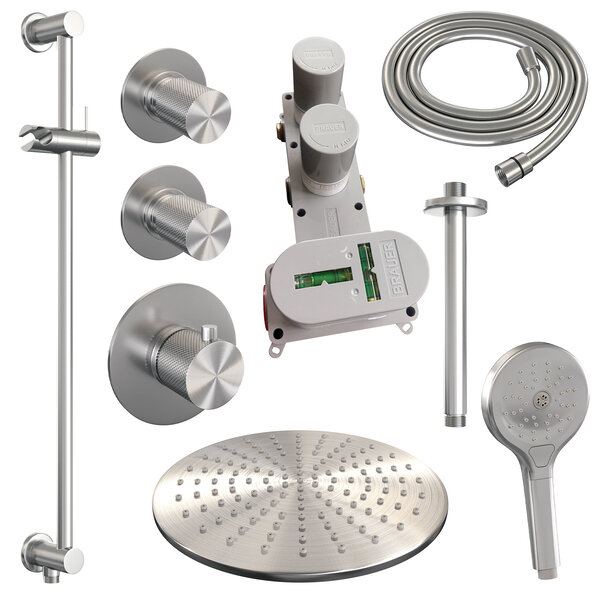 Brauer Brauer Brushed Carving Regendoucheset: Thermostatische Inbouwkraan met Stopkranen, Plafondarm, Douchekop 30cm, Glijstang met Wateruitlaat, 3-Standen Handdouche & Doucheslang - Set 24 - Geribbeld Draaiknoppen - PVD - Geborsteld RVS