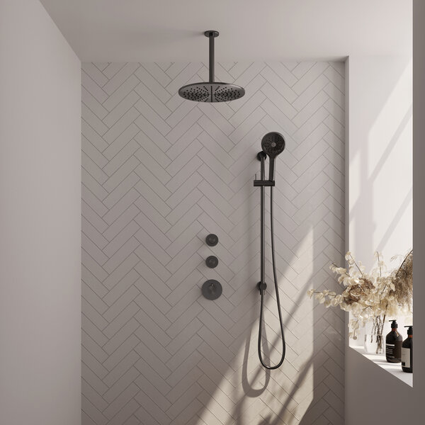 Brauer Brauer Gunmetal Carving Regendoucheset: Thermostatische Inbouwkraan met Stopkranen, Plafondarm, Douchekop 30cm, Glijstang met Wateruitlaat, 3-Standen Handdouche & Doucheslang - Set 24 - Geribbeld Draaiknoppen - PVD - Geborsteld Gunmetal
