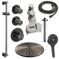 Brauer Brauer Gunmetal Carving Regendoucheset: Thermostatische Inbouwkraan met Stopkranen, Plafondarm, Douchekop 30cm, Glijstang met Wateruitlaat, 3-Standen Handdouche & Doucheslang - Set 24 - Geribbeld Draaiknoppen - PVD - Geborsteld Gunmetal