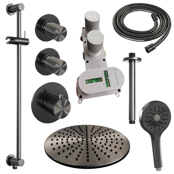 Brauer Brauer Gunmetal Carving Regendoucheset: Thermostatische Inbouwkraan met Stopkranen, Plafondarm, Douchekop 30cm, Glijstang met Wateruitlaat, 3-Standen Handdouche & Doucheslang - Set 24 - Geribbeld Draaiknoppen - PVD - Geborsteld Gunmetal