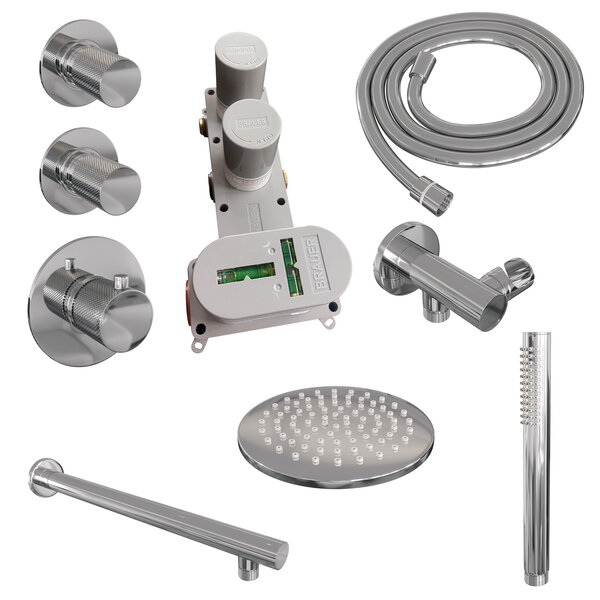 Brauer Brauer Chrome Carving Regendoucheset: Thermostatische Inbouwkraan met Stopkranen, Rechte Wandarm, Douchekop 20cm, Wandhouder met Wateruitlaat, Staafhanddouche & Doucheslang - Set 1 - Geribbeld Draaiknoppen - Chroom