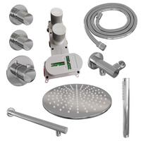 Brauer Brauer Chrome Carving Regendoucheset: Thermostatische Inbouwkraan met Stopkranen, Rechte Wandarm, Douchekop 30cm, Wandhouder met Wateruitlaat, Staafhanddouche & Doucheslang - Set 2 - Geribbeld Draaiknoppen - Chroom