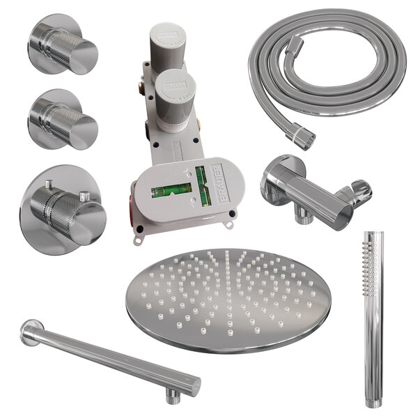 Brauer Brauer Chrome Carving Regendoucheset: Thermostatische Inbouwkraan met Stopkranen, Rechte Wandarm, Douchekop 30cm, Wandhouder met Wateruitlaat, Staafhanddouche & Doucheslang - Set 2 - Geribbeld Draaiknoppen - Chroom