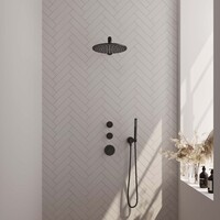 Brauer Brauer Black Carving Regendoucheset: Thermostatische Inbouwkraan met Stopkranen, Rechte Wandarm, Douchekop 30cm, Wandhouder met Wateruitlaat, Staafhanddouche & Doucheslang - Set 2 - Geribbeld Draaiknoppen - Mat Zwart