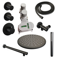 Brauer Brauer Black Carving Regendoucheset: Thermostatische Inbouwkraan met Stopkranen, Rechte Wandarm, Douchekop 30cm, Wandhouder met Wateruitlaat, Staafhanddouche & Doucheslang - Set 2 - Geribbeld Draaiknoppen - Mat Zwart
