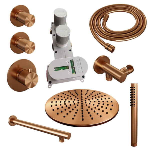 Brauer Brauer Copper Carving Regendoucheset: Thermostatische Inbouwkraan met Stopkranen, Rechte Wandarm, Douchekop 30cm, Wandhouder met Wateruitlaat, Staafhanddouche & Doucheslang - Set 2 - Geribbeld Draaiknoppen - PVD - Geborsteld Koper