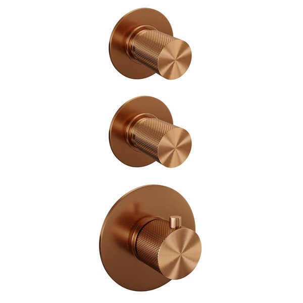 Brauer Brauer Copper Carving Regendoucheset: Thermostatische Inbouwkraan met Stopkranen, Rechte Wandarm, Douchekop 30cm, Wandhouder met Wateruitlaat, Staafhanddouche & Doucheslang - Set 2 - Geribbeld Draaiknoppen - PVD - Geborsteld Koper