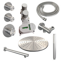 Brauer Brauer Brushed Carving Regendoucheset: Thermostatische Inbouwkraan met Stopkranen, Rechte Wandarm, Douchekop 30cm, Wandhouder met Wateruitlaat, Staafhanddouche & Doucheslang - Set 2 - Geribbeld Draaiknoppen - PVD - Geborsteld RVS
