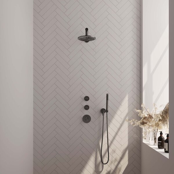 Brauer Brauer Gunmetal Carving Regendoucheset: Thermostatische Inbouwkraan met Stopkranen, Rechte Wandarm, Douchekop 20cm, Wandhouder met Wateruitlaat, Staafhanddouche & Doucheslang - Set 1 - Geribbeld Draaiknoppen - PVD - Geborsteld Gunmetal