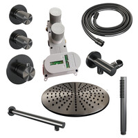 Brauer Brauer Gunmetal Carving Regendoucheset: Thermostatische Inbouwkraan met Stopkranen, Rechte Wandarm, Douchekop 30cm, Wandhouder met Wateruitlaat, Staafhanddouche & Doucheslang - Set 2 - Geribbeld Draaiknoppen - PVD - Geborsteld Gunmetal