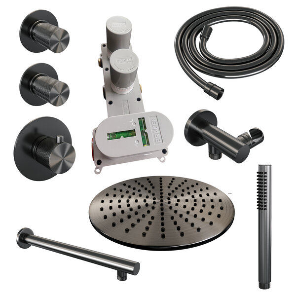 Brauer Brauer Gunmetal Carving Regendoucheset: Thermostatische Inbouwkraan met Stopkranen, Rechte Wandarm, Douchekop 30cm, Wandhouder met Wateruitlaat, Staafhanddouche & Doucheslang - Set 2 - Geribbeld Draaiknoppen - PVD - Geborsteld Gunmetal