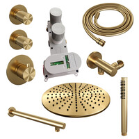Brauer Brauer Gold Carving Regendoucheset: Thermostatische Inbouwkraan met Stopkranen, Rechte Wandarm, Douchekop 30cm, Wandhouder met Wateruitlaat, Staafhanddouche & Doucheslang - Set 2 - Geribbeld Draaiknoppen - PVD - Geborsteld Goud