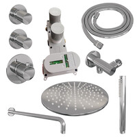Brauer Brauer Chrome Carving Regendoucheset: Thermostatische Inbouwkraan met Stopkranen, Gebogen Wandarm, Douchekop 30cm, Wandhouder met Wateruitlaat, Staafhanddouche & Doucheslang - Set 4 - Geribbeld Draaiknoppen - Chroom