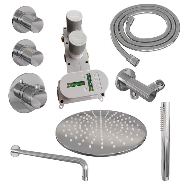 Brauer Brauer Chrome Carving Regendoucheset: Thermostatische Inbouwkraan met Stopkranen, Gebogen Wandarm, Douchekop 30cm, Wandhouder met Wateruitlaat, Staafhanddouche & Doucheslang - Set 4 - Geribbeld Draaiknoppen - Chroom