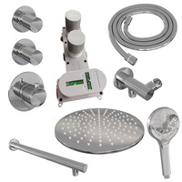 Brauer Brauer Chrome Carving Regendoucheset: Thermostatische Inbouwkraan met Stopkranen, Rechte Wandarm, Douchekop 30cm, Wandhouder met Wateruitlaat, 3-Standen Handdouche & Doucheslang - Set 8 - Geribbeld Draaiknoppen - Chroom
