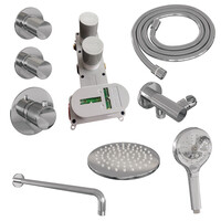 Brauer Brauer Chrome Carving Regendoucheset: Thermostatische Inbouwkraan met Stopkranen, Gebogen Wandarm, Douchekop 20cm, Wandhouder met Wateruitlaat, 3-Standen Handdouche & Doucheslang - Set 9 - Geribbeld Draaiknoppen - Chroom