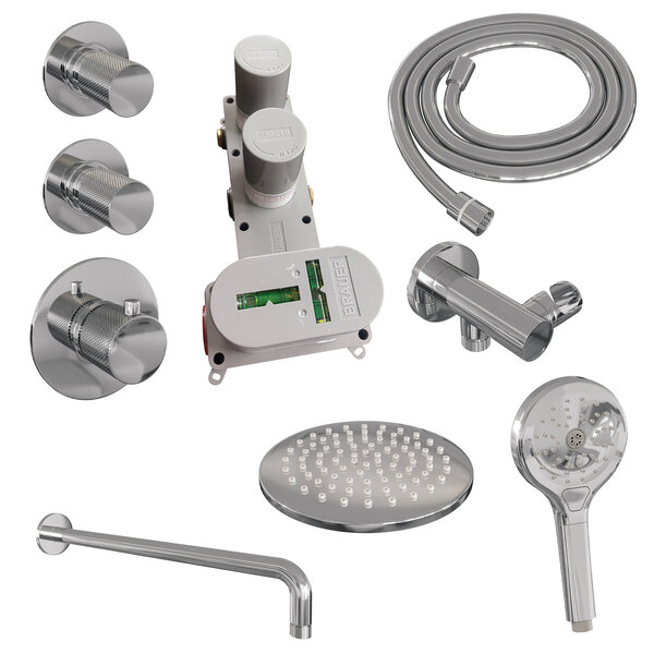 Brauer Brauer Chrome Carving Regendoucheset: Thermostatische Inbouwkraan met Stopkranen, Gebogen Wandarm, Douchekop 20cm, Wandhouder met Wateruitlaat, 3-Standen Handdouche & Doucheslang - Set 9 - Geribbeld Draaiknoppen - Chroom