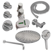 Brauer Brauer Chrome Carving Regendoucheset: Thermostatische Inbouwkraan met Stopkranen, Gebogen Wandarm, Douchekop 30cm, Wandhouder met Wateruitlaat, 3-Standen Handdouche & Doucheslang - Set 10 - Geribbeld Draaiknoppen - Chroom