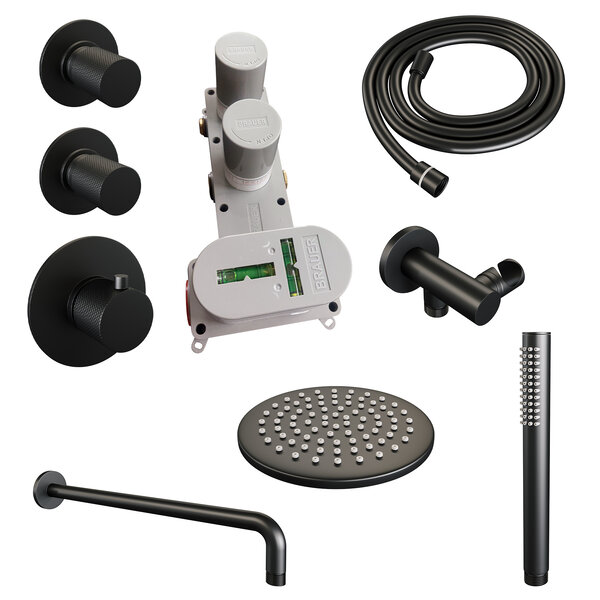 Brauer Brauer Black Carving Regendoucheset: Thermostatische Inbouwkraan met Stopkranen, Gebogen Wandarm, Douchekop 20cm, Wandhouder met Wateruitlaat, Staafhanddouche & Doucheslang - Set 3 - Geribbeld Draaiknoppen - Mat Zwart