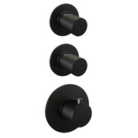 Brauer Brauer Black Carving Regendoucheset: Thermostatische Inbouwkraan met Stopkranen, Gebogen Wandarm, Douchekop 20cm, Wandhouder met Wateruitlaat, Staafhanddouche & Doucheslang - Set 3 - Geribbeld Draaiknoppen - Mat Zwart