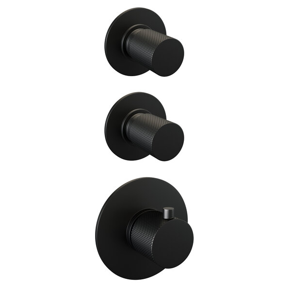 Brauer Brauer Black Carving Regendoucheset: Thermostatische Inbouwkraan met Stopkranen, Gebogen Wandarm, Douchekop 20cm, Wandhouder met Wateruitlaat, Staafhanddouche & Doucheslang - Set 3 - Geribbeld Draaiknoppen - Mat Zwart