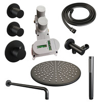 Brauer Brauer Black Carving Regendoucheset: Thermostatische Inbouwkraan met Stopkranen, Gebogen Wandarm, Douchekop 30cm, Wandhouder met Wateruitlaat, Staafhanddouche & Doucheslang - Set 4 - Geribbeld Draaiknoppen - Mat Zwart