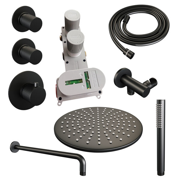 Brauer Brauer Black Carving Regendoucheset: Thermostatische Inbouwkraan met Stopkranen, Gebogen Wandarm, Douchekop 30cm, Wandhouder met Wateruitlaat, Staafhanddouche & Doucheslang - Set 4 - Geribbeld Draaiknoppen - Mat Zwart