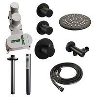 Brauer Brauer Black Carving Regendoucheset: Thermostatische Inbouwkraan met Stopkranen, Plafondarm, Douchekop 20cm, Wandhouder met Wateruitlaat, Staafhanddouche & Doucheslang - Set 5 - Geribbeld Draaiknoppen - Mat Zwart