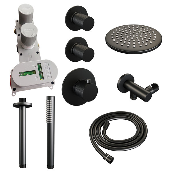 Brauer Brauer Black Carving Regendoucheset: Thermostatische Inbouwkraan met Stopkranen, Plafondarm, Douchekop 20cm, Wandhouder met Wateruitlaat, Staafhanddouche & Doucheslang - Set 5 - Geribbeld Draaiknoppen - Mat Zwart