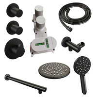 Brauer Brauer Black Carving Regendoucheset: Thermostatische Inbouwkraan met Stopkranen, Rechte Wandarm, Douchekop 20cm, Wandhouder met Wateruitlaat, 3-Standen Handdouche & Doucheslang - Set 7 - Geribbeld Draaiknoppen - Mat Zwart