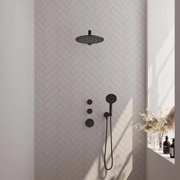 Brauer Brauer Black Carving Regendoucheset: Thermostatische Inbouwkraan met Stopkranen, Rechte Wandarm, Douchekop 30cm, Wandhouder met Wateruitlaat, 3-Standen Handdouche & Doucheslang - Set 8 - Geribbeld Draaiknoppen - Mat Zwart