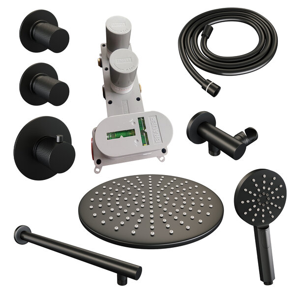 Brauer Brauer Black Carving Regendoucheset: Thermostatische Inbouwkraan met Stopkranen, Rechte Wandarm, Douchekop 30cm, Wandhouder met Wateruitlaat, 3-Standen Handdouche & Doucheslang - Set 8 - Geribbeld Draaiknoppen - Mat Zwart