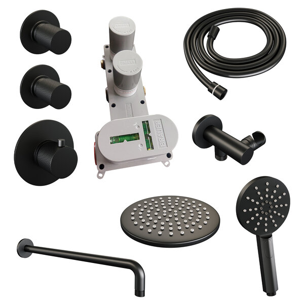 Brauer Brauer Black Carving Regendoucheset: Thermostatische Inbouwkraan met Stopkranen, Gebogen Wandarm, Douchekop 20cm, Wandhouder met Wateruitlaat, 3-Standen Handdouche & Doucheslang - Set 9 - Geribbeld Draaiknoppen - Mat Zwart