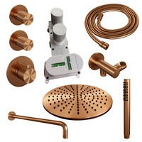 Brauer Brauer Copper Carving Regendoucheset: Thermostatische Inbouwkraan met Stopkranen, Gebogen Wandarm, Douchekop 30cm, Wandhouder met Wateruitlaat, Staafhanddouche & Doucheslang - Set 4 - Geribbeld Draaiknoppen - PVD - Geborsteld Koper