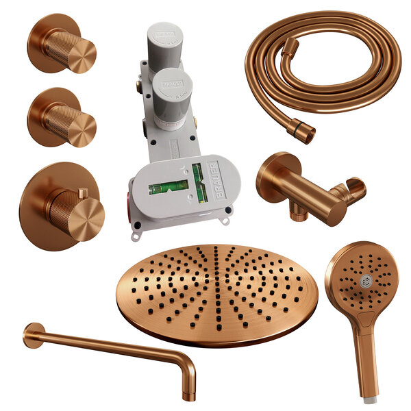 Brauer Brauer Copper Carving Regendoucheset: Thermostatische Inbouwkraan met Stopkranen, Gebogen Wandarm, Douchekop 30cm, Wandhouder met Wateruitlaat, 3-Standen Handdouche & Doucheslang - Set 10 - Geribbeld Draaiknoppen - PVD - Geborsteld Koper