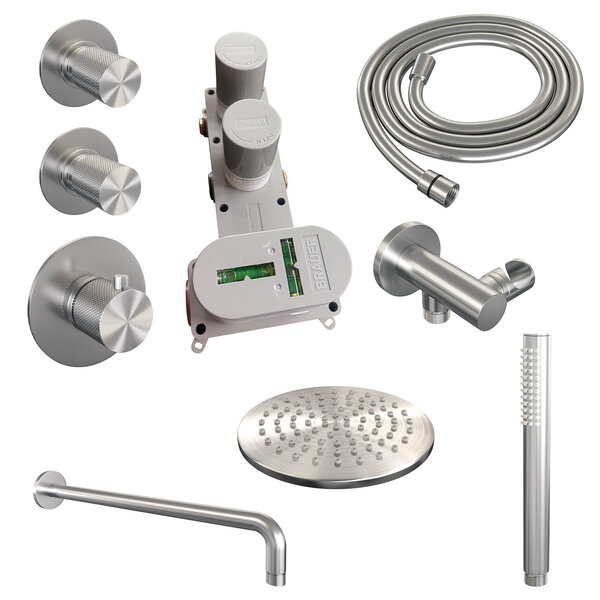 Brauer Brauer Brushed Carving Regendoucheset: Thermostatische Inbouwkraan met Stopkranen, Gebogen Wandarm, Douchekop 20cm, Wandhouder met Wateruitlaat, Staafhanddouche & Doucheslang - Set 3 - Geribbeld Draaiknoppen - PVD - Geborsteld RVS