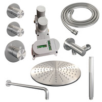 Brauer Brauer Brushed Carving Regendoucheset: Thermostatische Inbouwkraan met Stopkranen, Gebogen Wandarm, Douchekop 30cm, Wandhouder met Wateruitlaat, Staafhanddouche & Doucheslang - Set 4 - Geribbeld Draaiknoppen - PVD - Geborsteld RVS