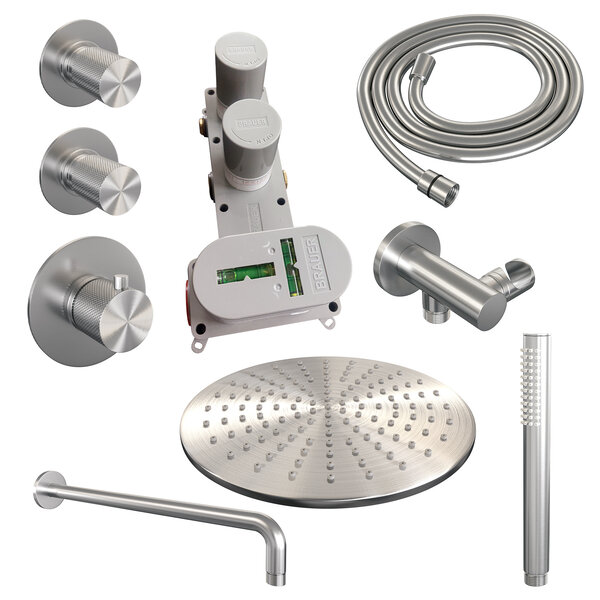 Brauer Brauer Brushed Carving Regendoucheset: Thermostatische Inbouwkraan met Stopkranen, Gebogen Wandarm, Douchekop 30cm, Wandhouder met Wateruitlaat, Staafhanddouche & Doucheslang - Set 4 - Geribbeld Draaiknoppen - PVD - Geborsteld RVS