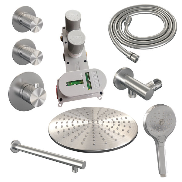 Brauer Brauer Brushed Carving Regendoucheset: Thermostatische Inbouwkraan met Stopkranen, Rechte Wandarm, Douchekop 30cm, Wandhouder met Wateruitlaat, 3-Standen Handdouche & Doucheslang - Set 8 - Geribbeld Draaiknoppen - PVD - Geborsteld RVS