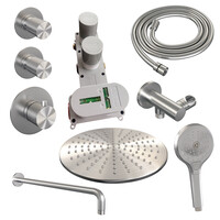 Brauer Brauer Brushed Carving Regendoucheset: Thermostatische Inbouwkraan met Stopkranen, Gebogen Wandarm, Douchekop 30cm, Wandhouder met Wateruitlaat, 3-Standen Handdouche & Doucheslang - Set 10 - Geribbeld Draaiknoppen - PVD - Geborsteld RVS
