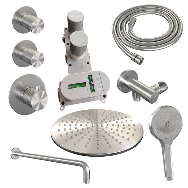 Brauer Brauer Brushed Carving Regendoucheset: Thermostatische Inbouwkraan met Stopkranen, Gebogen Wandarm, Douchekop 30cm, Wandhouder met Wateruitlaat, 3-Standen Handdouche & Doucheslang - Set 10 - Geribbeld Draaiknoppen - PVD - Geborsteld RVS