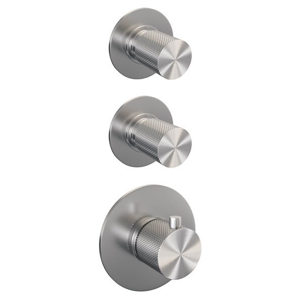 Brauer Brauer Brushed Carving Regendoucheset: Thermostatische Inbouwkraan met Stopkranen, Gebogen Wandarm, Douchekop 30cm, Wandhouder met Wateruitlaat, 3-Standen Handdouche & Doucheslang - Set 10 - Geribbeld Draaiknoppen - PVD - Geborsteld RVS