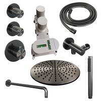 Brauer Brauer Gunmetal Carving Regendoucheset: Thermostatische Inbouwkraan met Stopkranen, Gebogen Wandarm, Douchekop 30cm, Wandhouder met Wateruitlaat, Staafhanddouche & Doucheslang - Set 4 - Geribbeld Draaiknoppen - PVD - Geborsteld Gunmetal