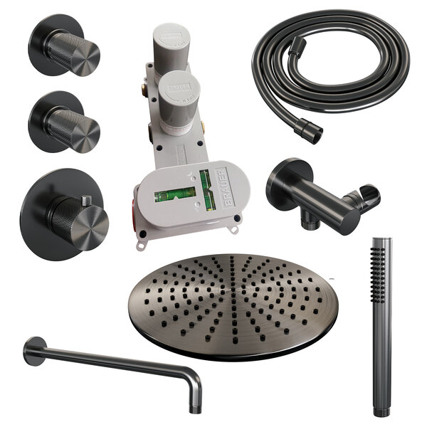 Brauer Brauer Gunmetal Carving Regendoucheset: Thermostatische Inbouwkraan met Stopkranen, Gebogen Wandarm, Douchekop 30cm, Wandhouder met Wateruitlaat, Staafhanddouche & Doucheslang - Set 4 - Geribbeld Draaiknoppen - PVD - Geborsteld Gunmetal