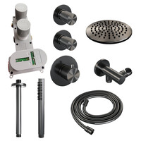 Brauer Brauer Gunmetal Carving Regendoucheset: Thermostatische Inbouwkraan met Stopkranen, Plafondarm, Douchekop 20cm, Wandhouder met Wateruitlaat, Staafhanddouche & Doucheslang - Set 5 - Geribbeld Draaiknoppen - PVD - Geborsteld Gunmetal
