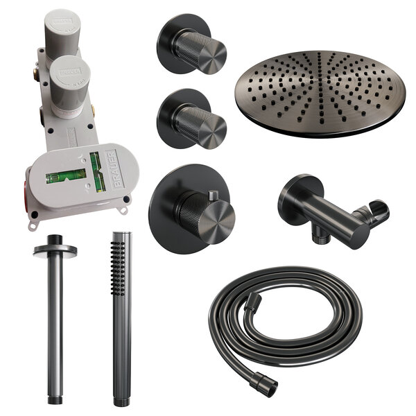 Brauer Brauer Gunmetal Carving Regendoucheset: Thermostatische Inbouwkraan met Stopkranen, Plafondarm, Douchekop 30cm, Wandhouder met Wateruitlaat, Staafhanddouche & Doucheslang - Set 6 - Geribbeld Draaiknoppen - PVD - Geborsteld Gunmetal