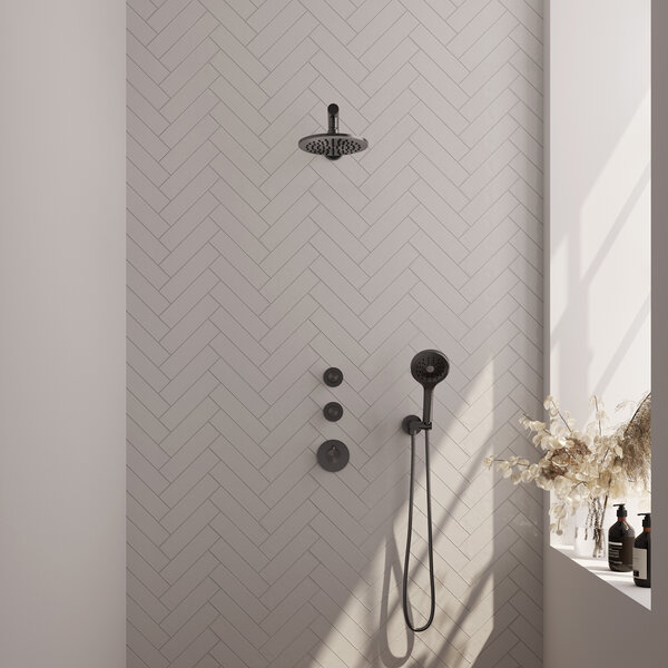 Brauer Brauer Gunmetal Carving Regendoucheset: Thermostatische Inbouwkraan met Stopkranen, Rechte Wandarm, Douchekop 20cm, Wandhouder met Wateruitlaat, 3-Standen Handdouche & Doucheslang - Set 7 - Geribbeld Draaiknoppen - PVD - Geborsteld Gunmetal