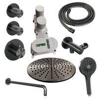 Brauer Brauer Gunmetal Carving Regendoucheset: Thermostatische Inbouwkraan met Stopkranen, Gebogen Wandarm, Douchekop 30cm, Wandhouder met Wateruitlaat, 3-Standen Handdouche & Doucheslang - Set 10 - Geribbeld Draaiknoppen - PVD - Geborsteld Gunmetal